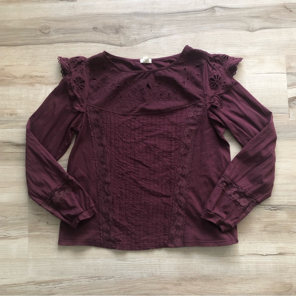 TINY Anthropologie Elegant Lace Trim Blouse - Deep Burgundy